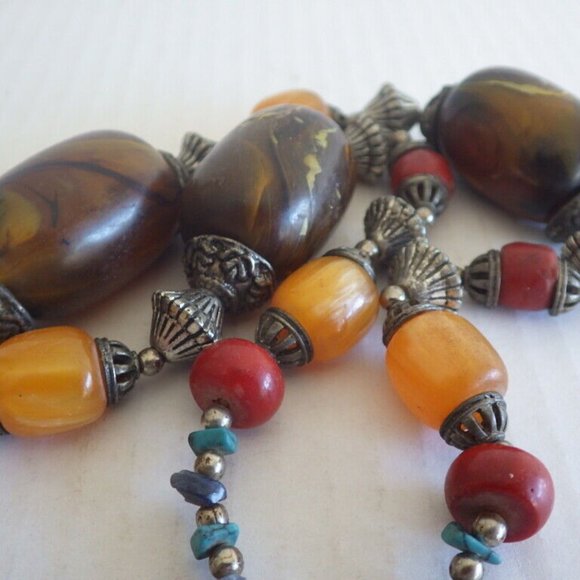 VINTAGE MONIES GERDA LYNGGAARD AMBER BAKELITE TURQUOISE BARREL BEADED NECKLACE - Picture 8 of 8